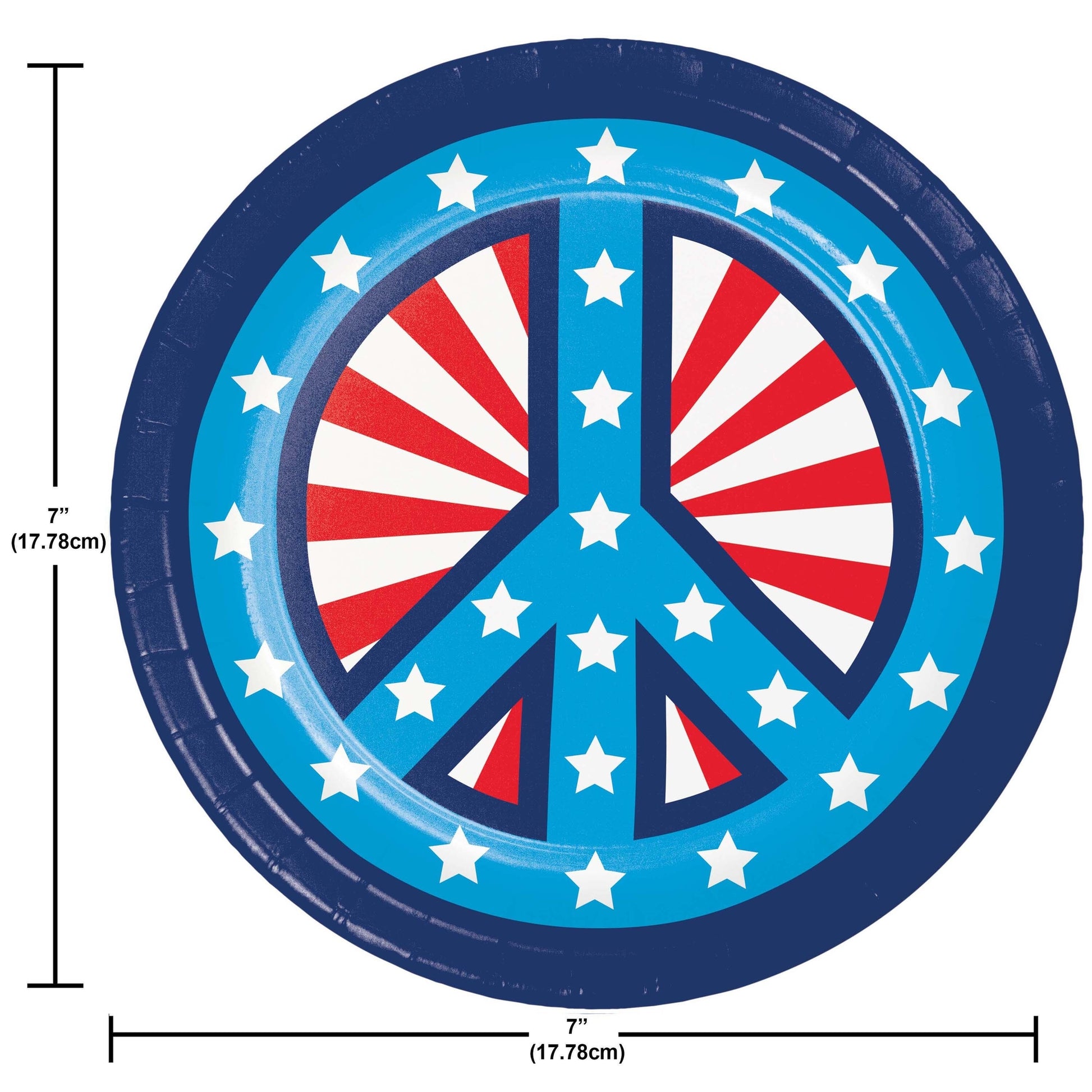 Peace symbol plate with red, white, and blue design on a blue background. Dimensions shown.