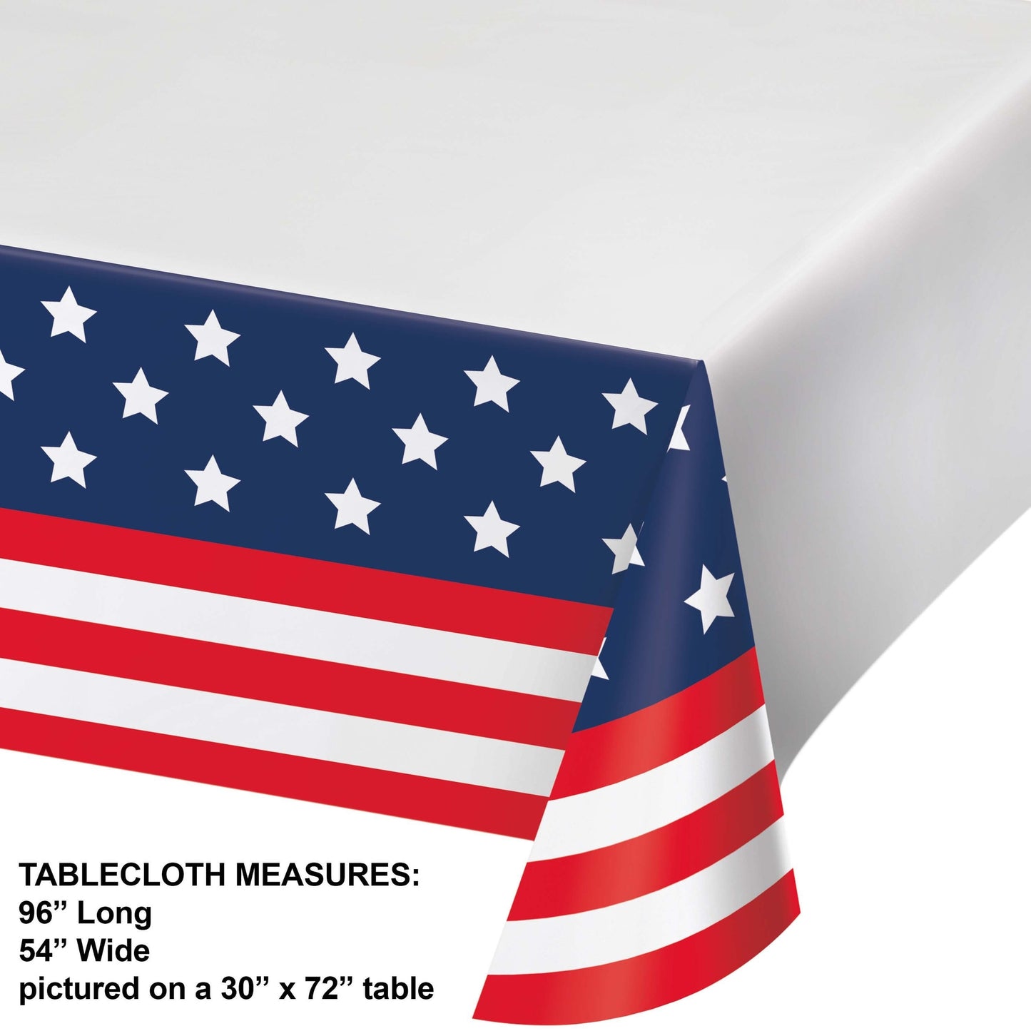 American flag tablecloth with measurements on a white background