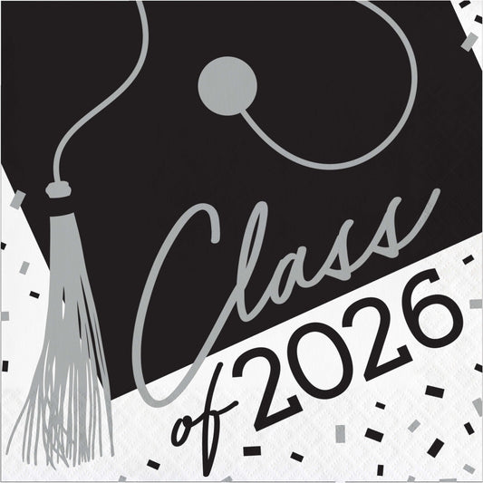 Graduation cap with 'Class of 2026' text on a black, white, and gray background