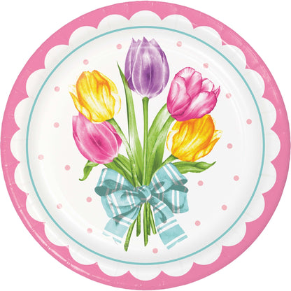 Round paper plate with tulip design and pink border