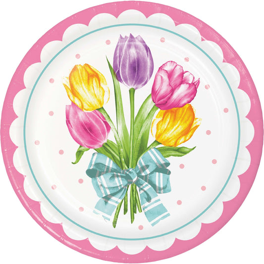 Round paper plate with tulip design and pink border