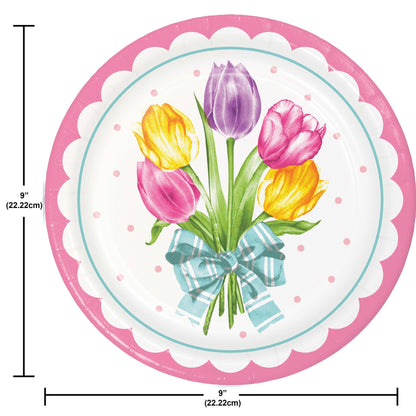 Round paper plate with tulip design and pink border, featuring measurements.