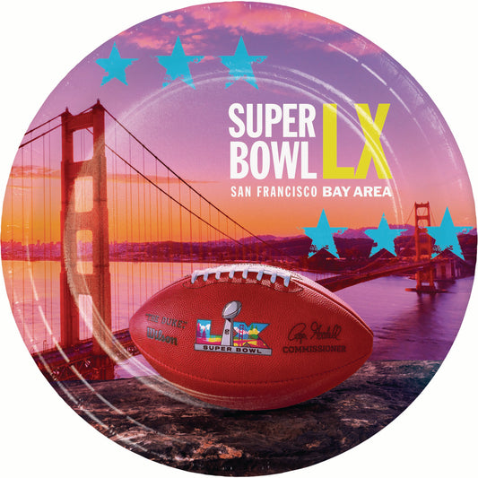 Paper dinner plate featuring the Super Bowl LX promotional graphic with a football and Golden Gate Bridge.