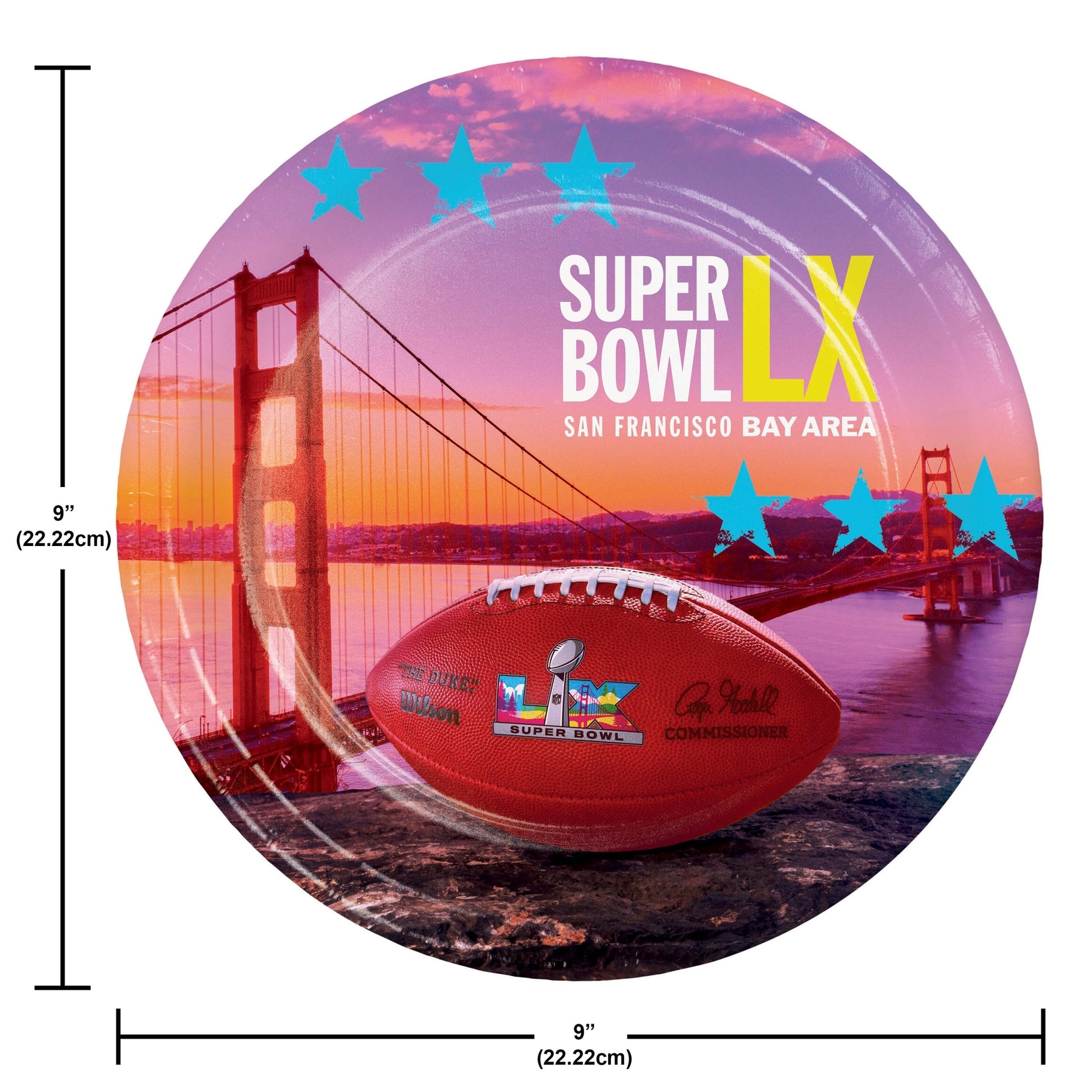 Paper dinner plate featuring the Super Bowl LX promotional graphic with a football and Golden Gate Bridge. Dimensions included.