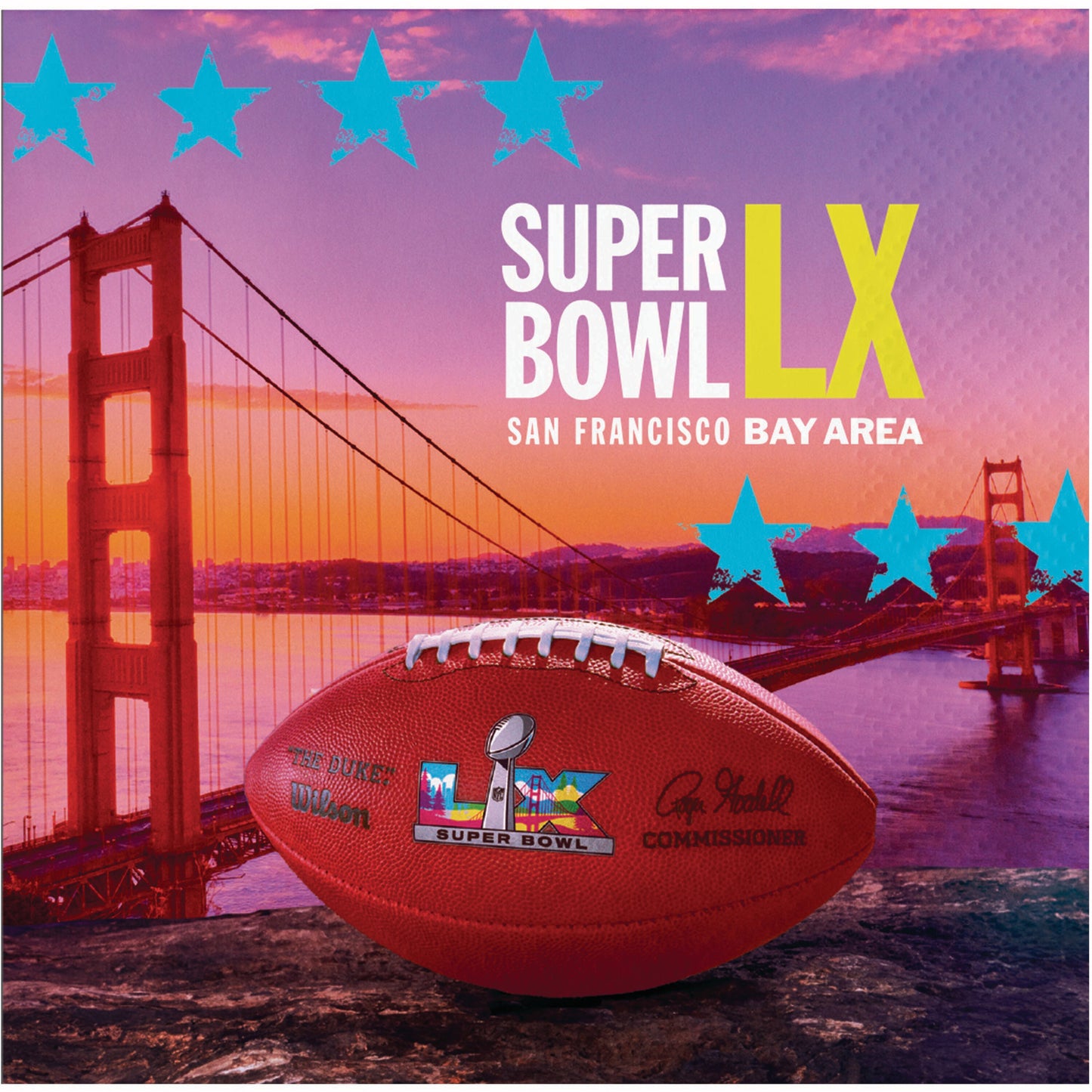 Super Bowl LX promotional graphic shown on a paper napkin with a football and the Golden Gate Bridge in the background