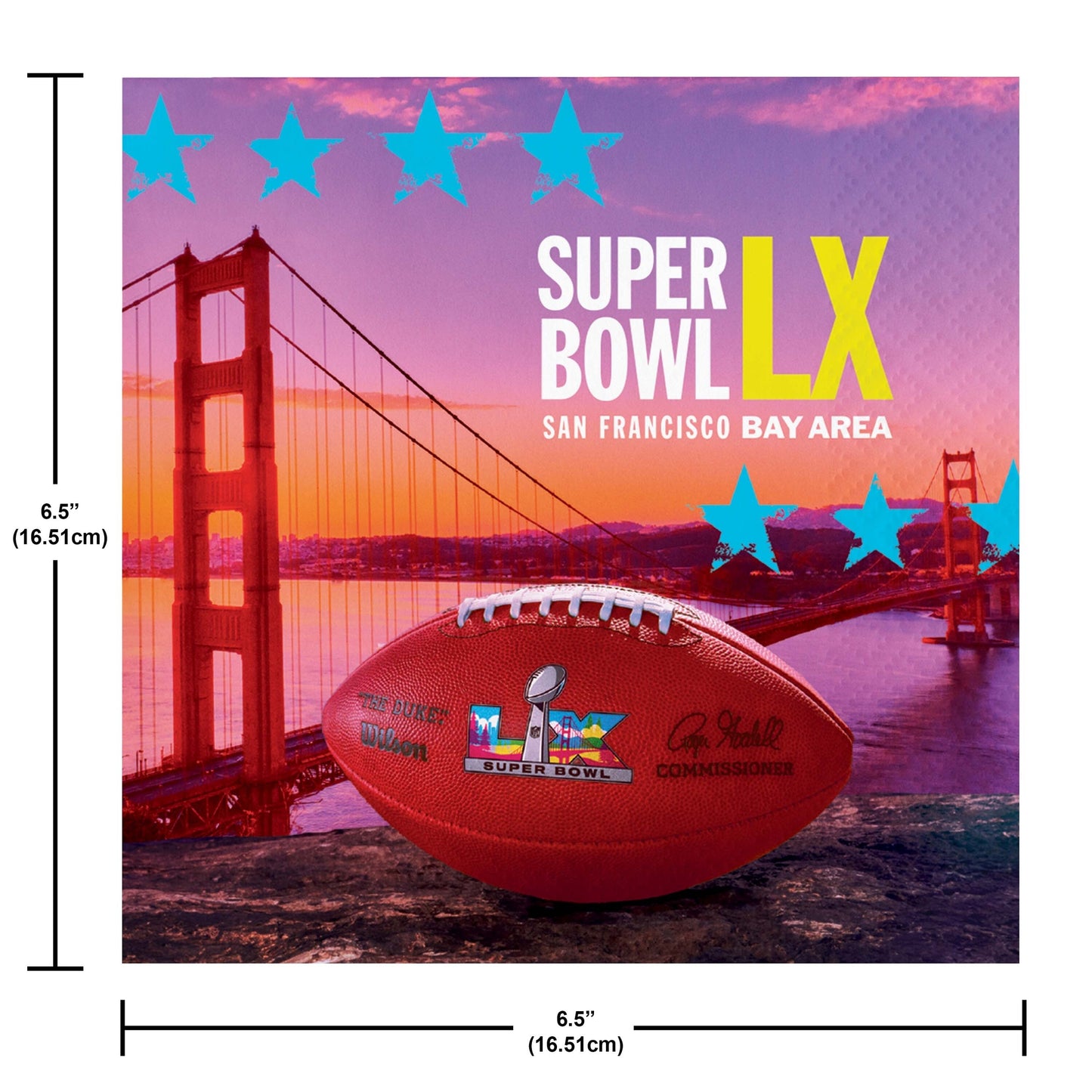 Super Bowl LX promotional graphic shown on a paper napkin with a football and the Golden Gate Bridge in the background. Dimensions shown.