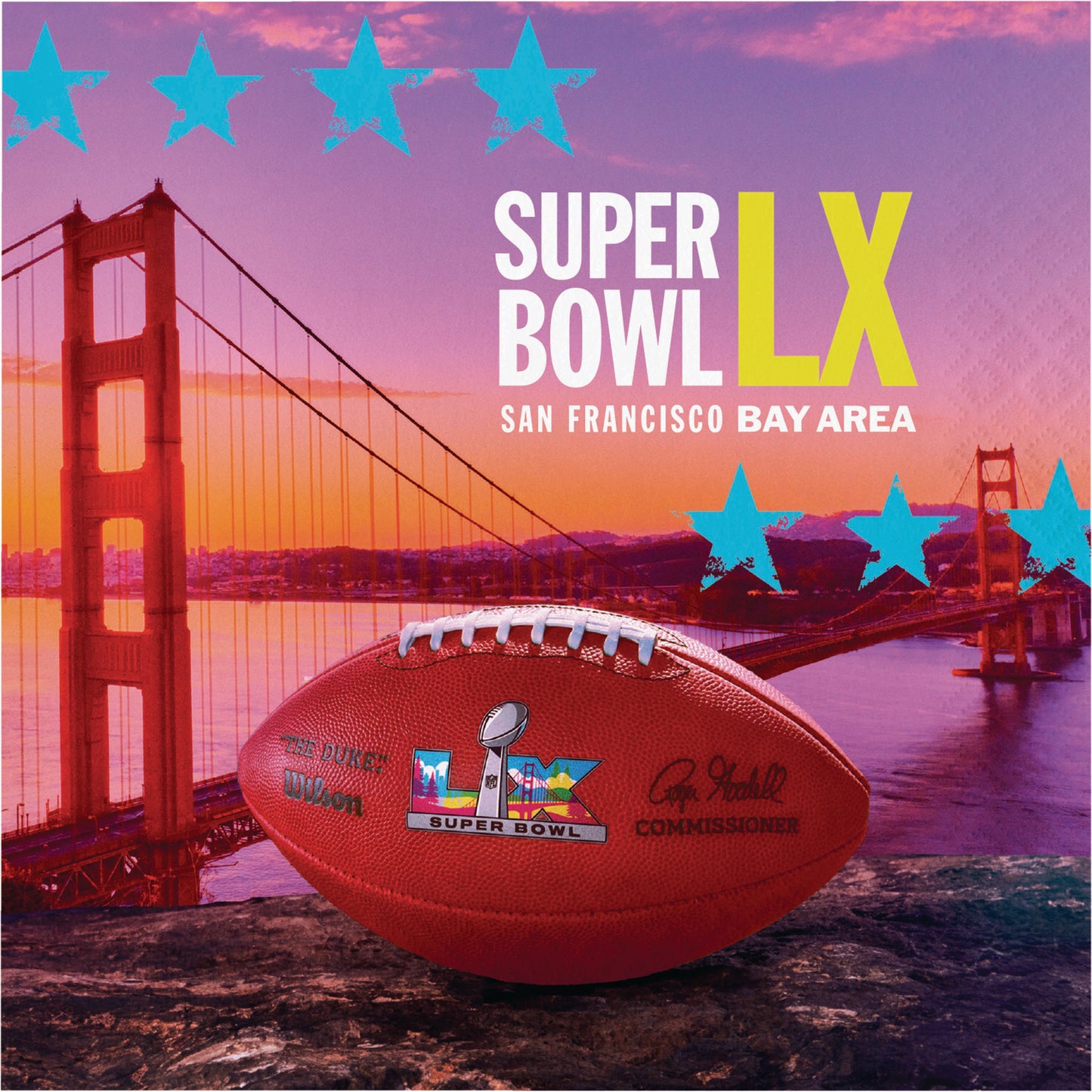 Paper napkin featuring the Super Bowl LX promotional graphic with a football and the Golden Gate Bridge in the background