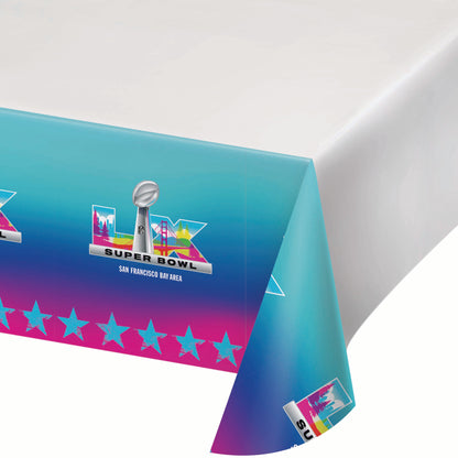 Colorful plastic tablecloth with Super Bowl LX logo and 'San Francisco Bay Area' text beneath. Featured on a white background
