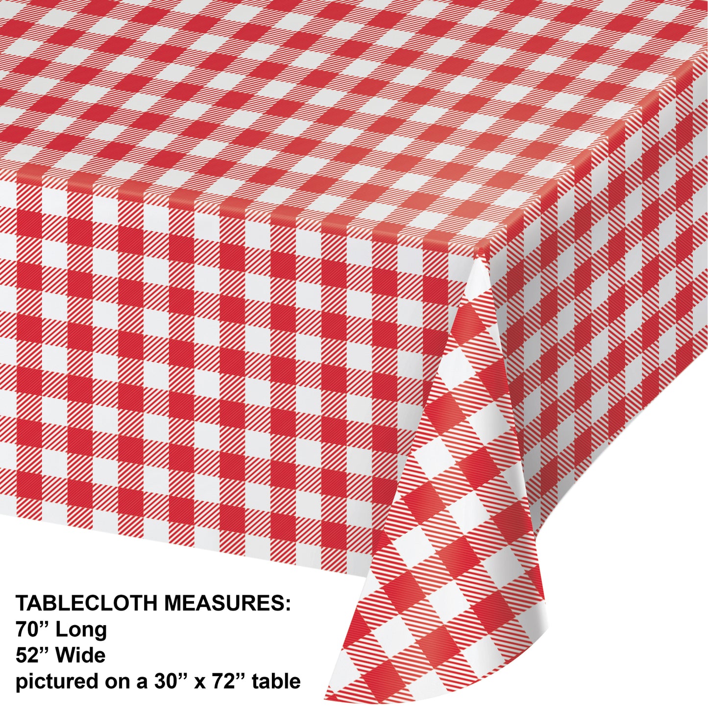 Red and white checkered tablecloth on a flat surface with dimensions displayed.