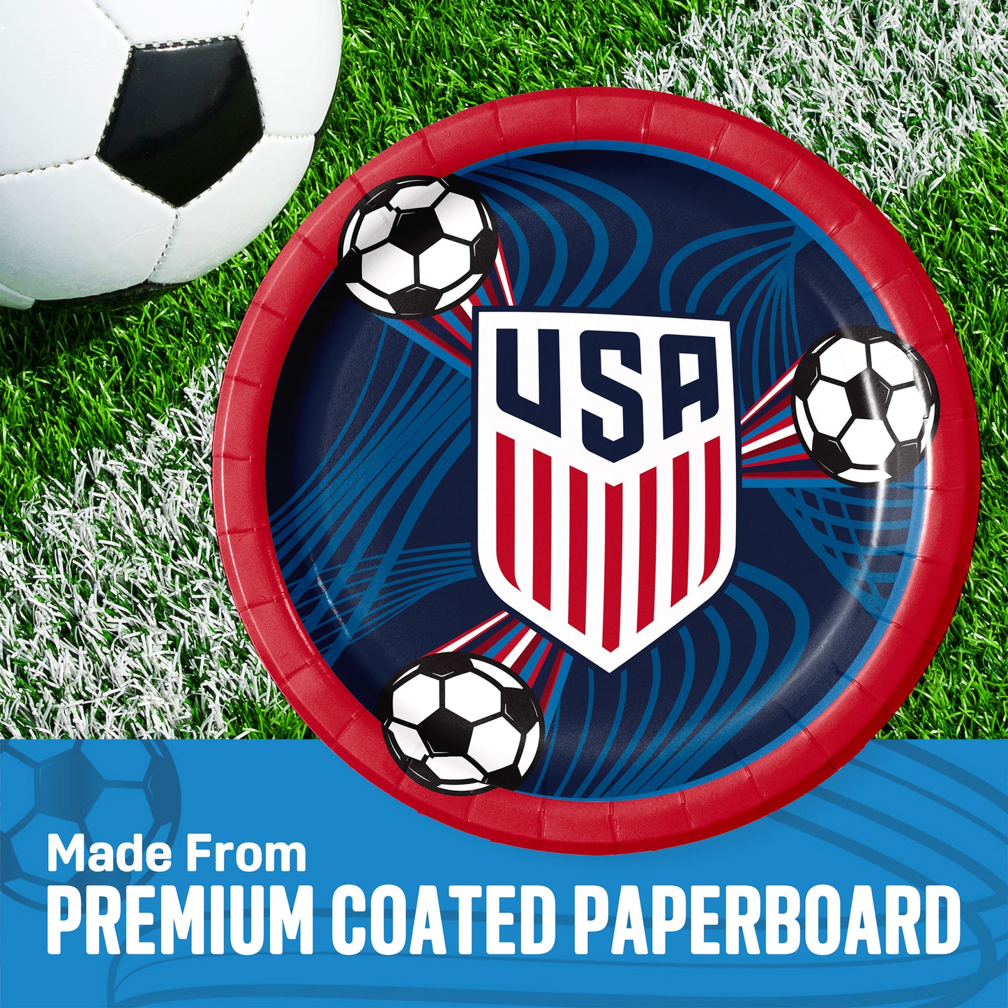 Paper plate with USA soccer design on grass with soccer ball