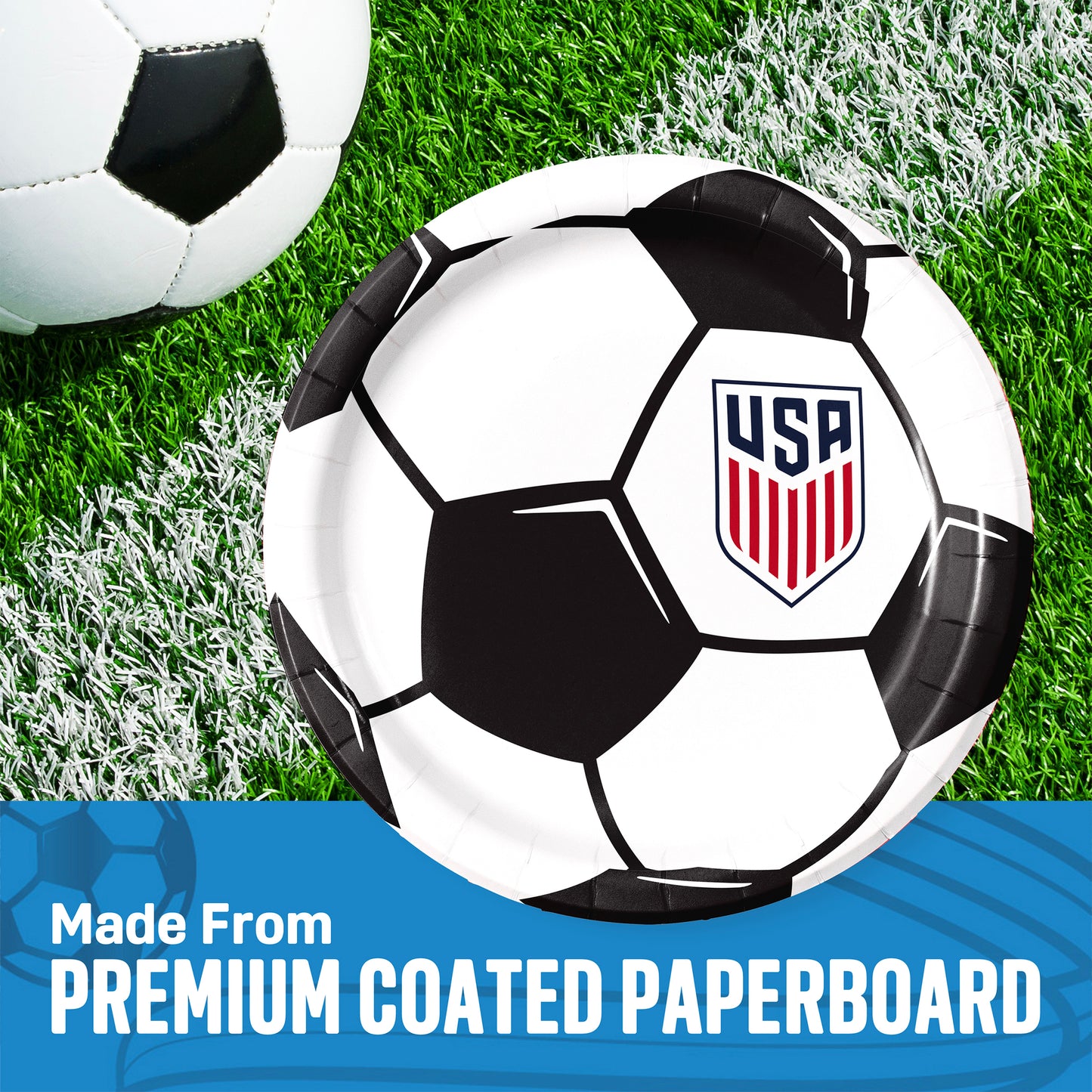 Soccer ball paper plate with USA logo on grass, text 'Made From Premium Coated Paperboard' below.