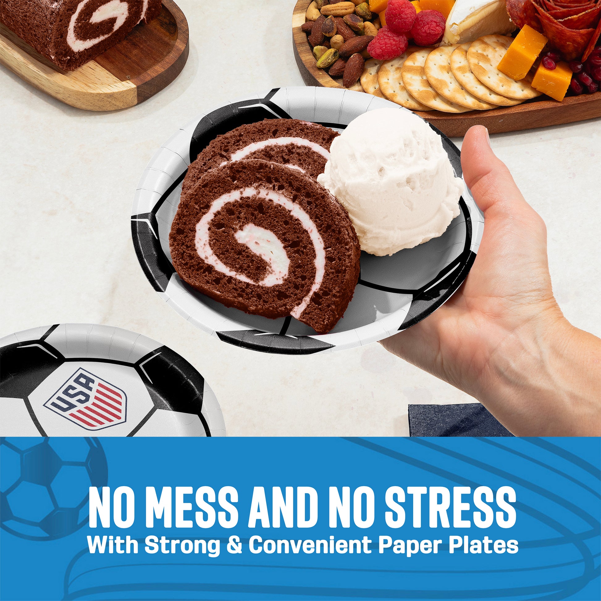 Hand holding a plate with chocolate roll cake and ice cream, with a soccer-themed background and text 'No Mess and No Stress'.