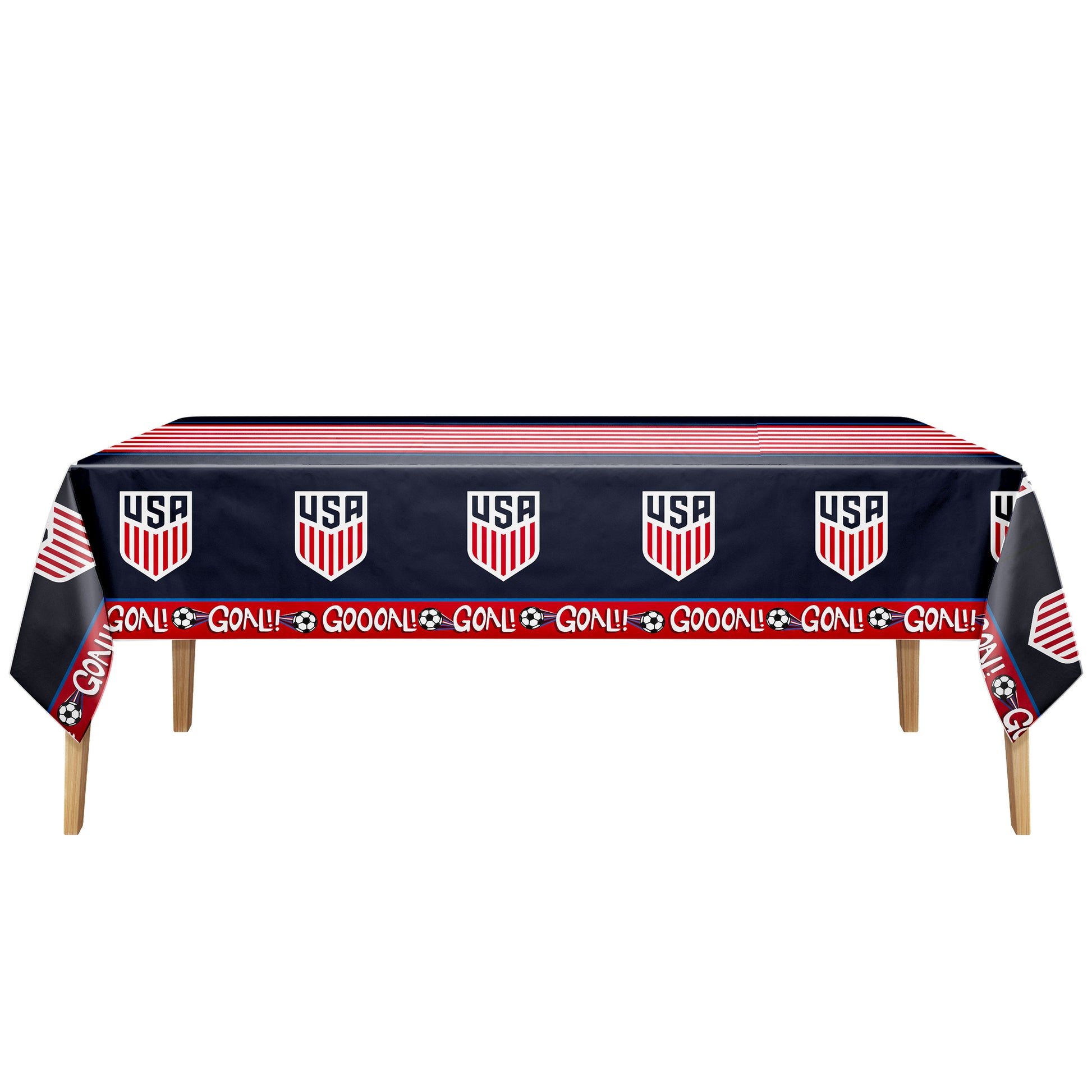 Tablecloth on a wooden table with USA sports team logo and 'GOAL!' text on a white background