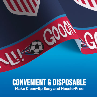 Disposable plastic tablecloth with soccer ball graphic and 'GOOOAL!' text on a blue background.