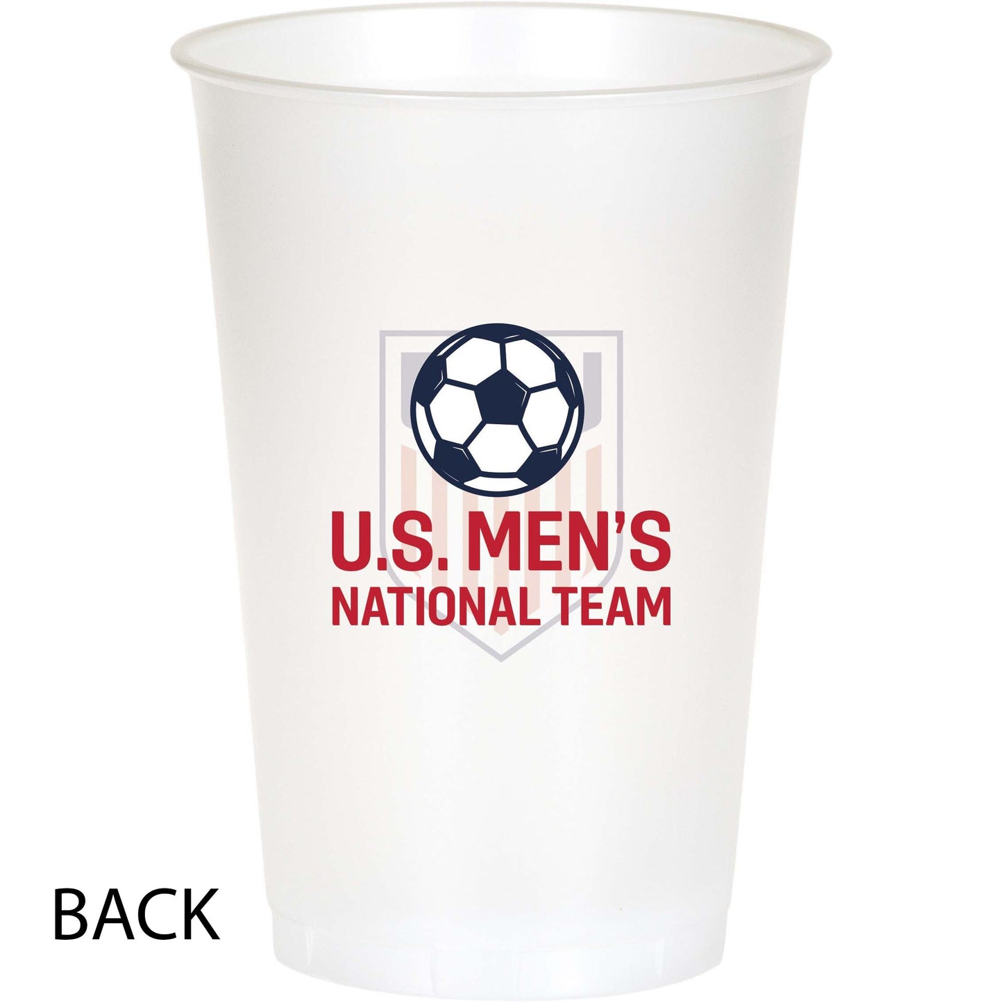 Clear plastic cup with U.S. Men's National Team logo on a white background
