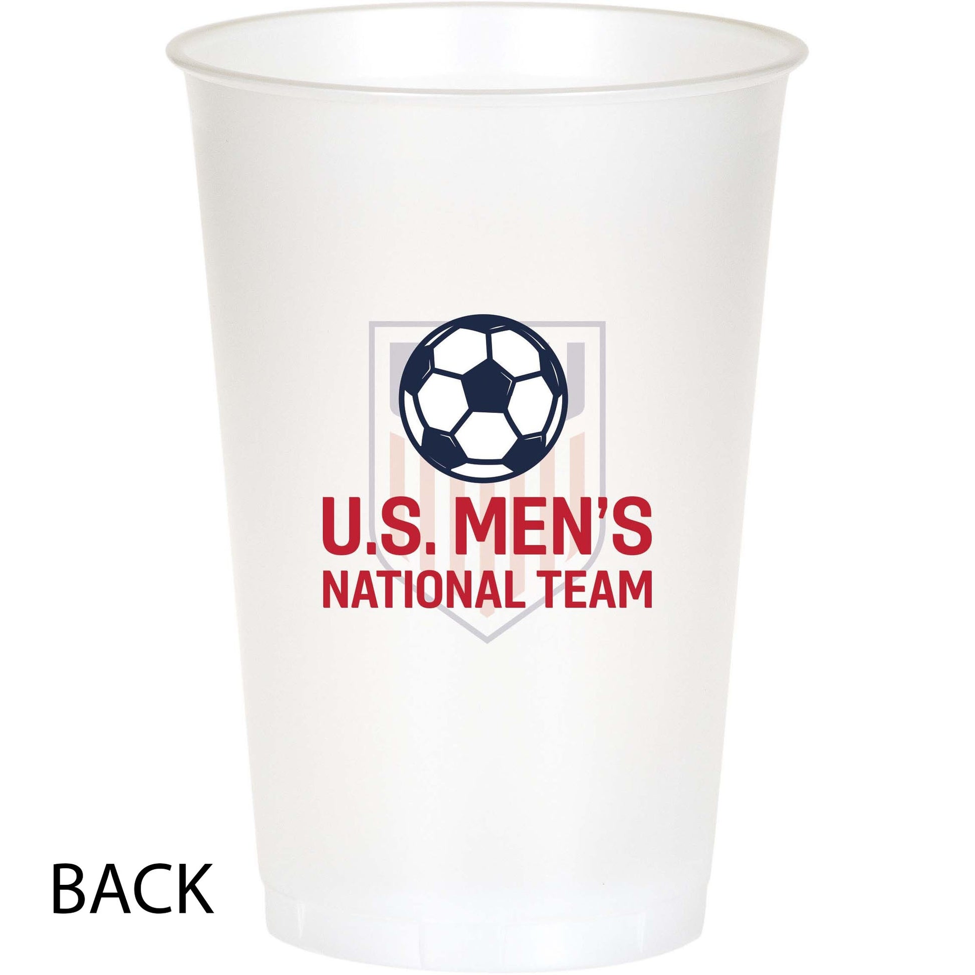 Clear plastic cup with U.S. Men's National Team logo on a white background