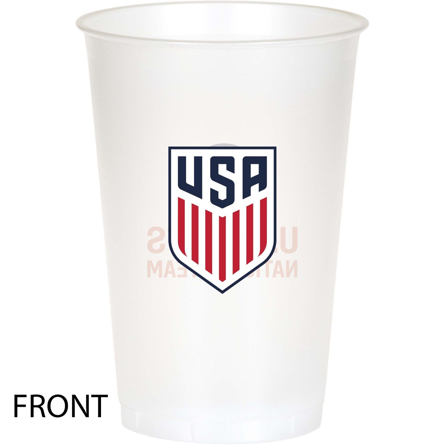 Clear plastic cup with USA logo on a white background