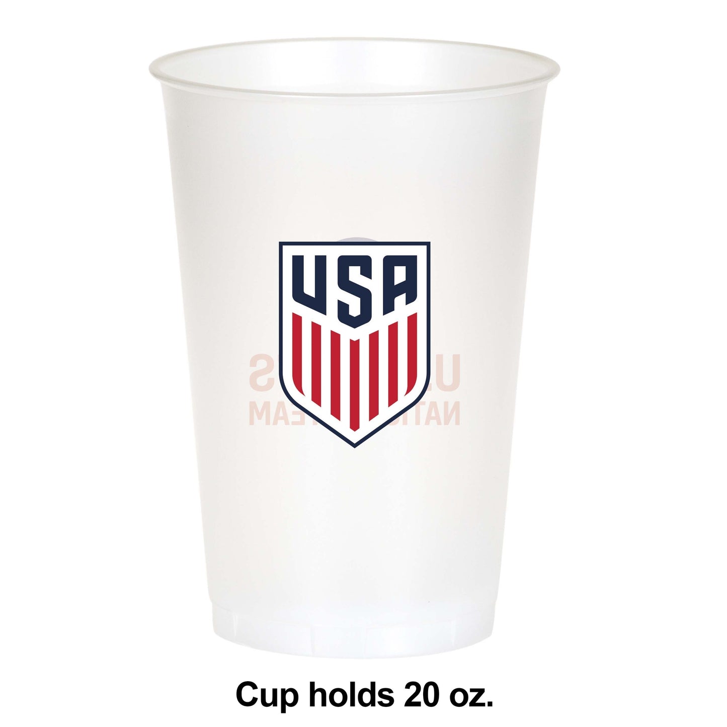 Clear plastic cup with USA logo on a white background and cup volume capacity listed