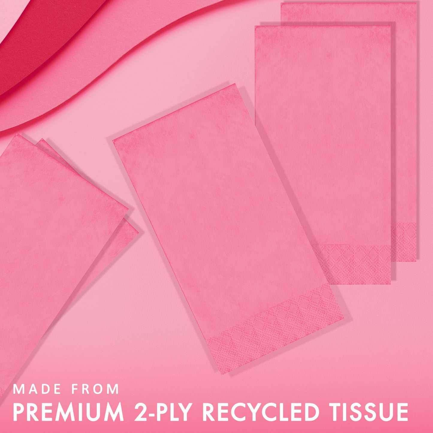 Pink paper napkin on a pink background with text 'Made from Premium 2-ply Recycled Tissue'.