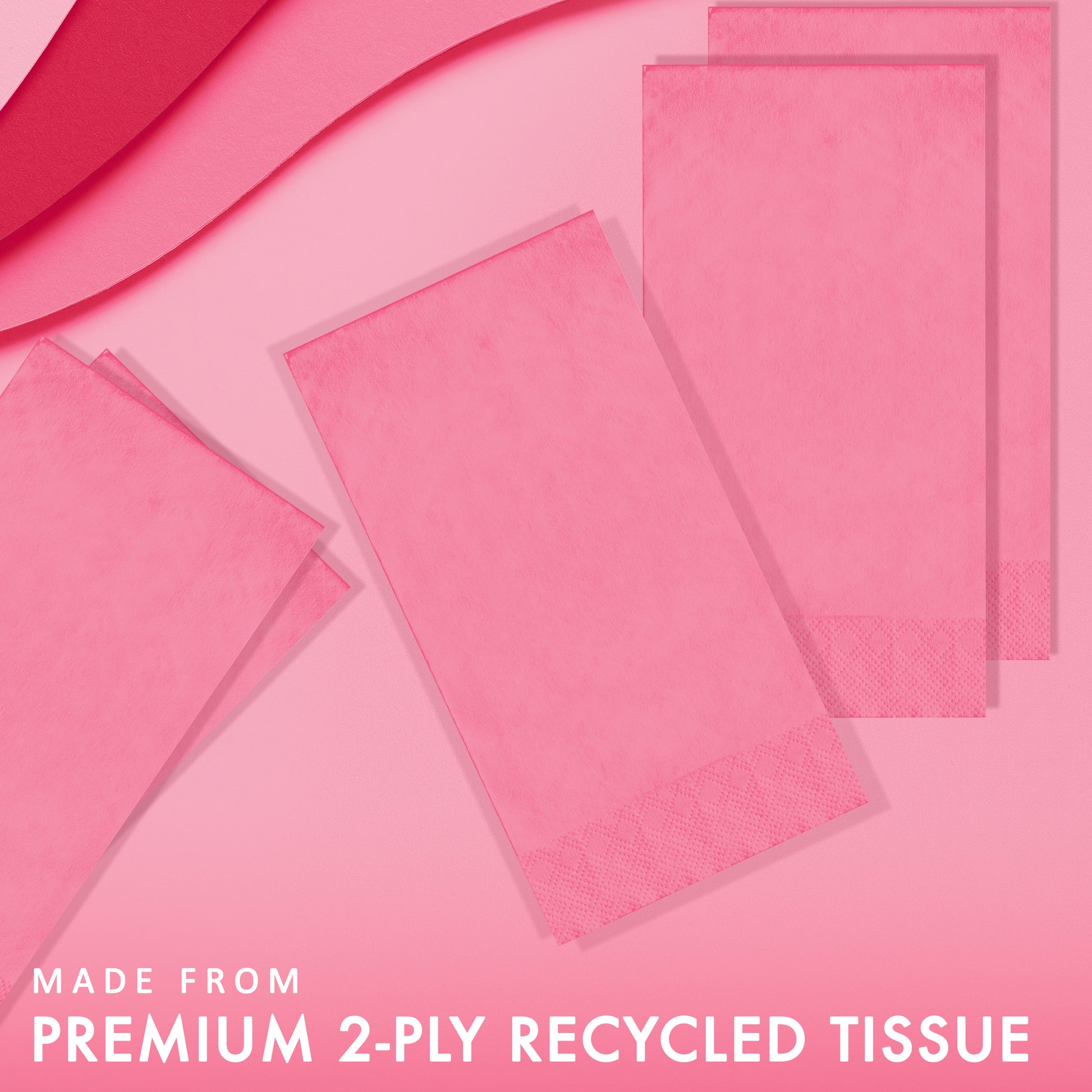 Pink paper napkin on a pink background with text 'Made from Premium 2-ply Recycled Tissue'.
