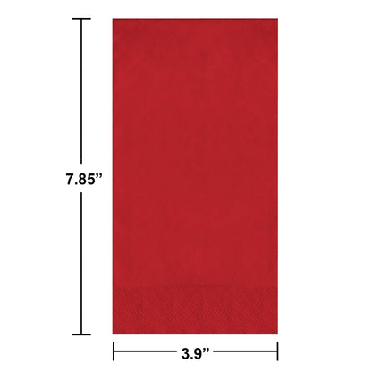Red pin embossed guest napkin on a white background. Dimensions shown