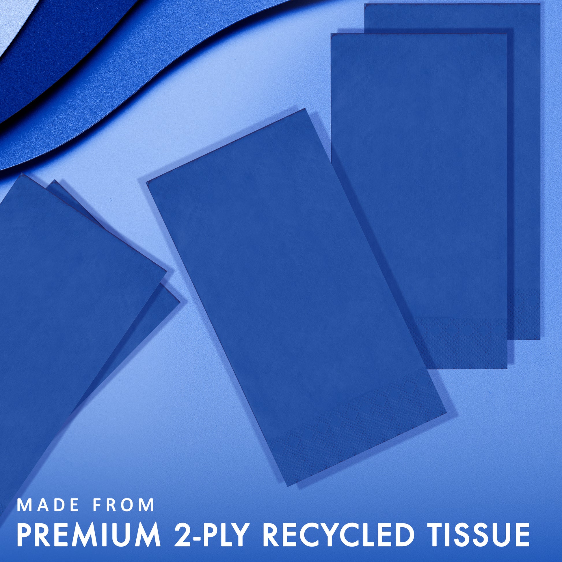Blue napkins on a blue background with "Made from premium 2-ply recycled tissue" text