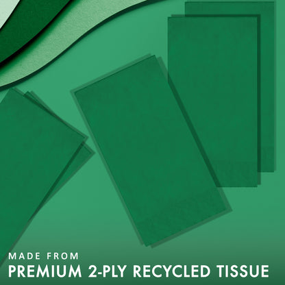 Green napkins on a green background with "Made from premium 2-ply recycled tissue" text