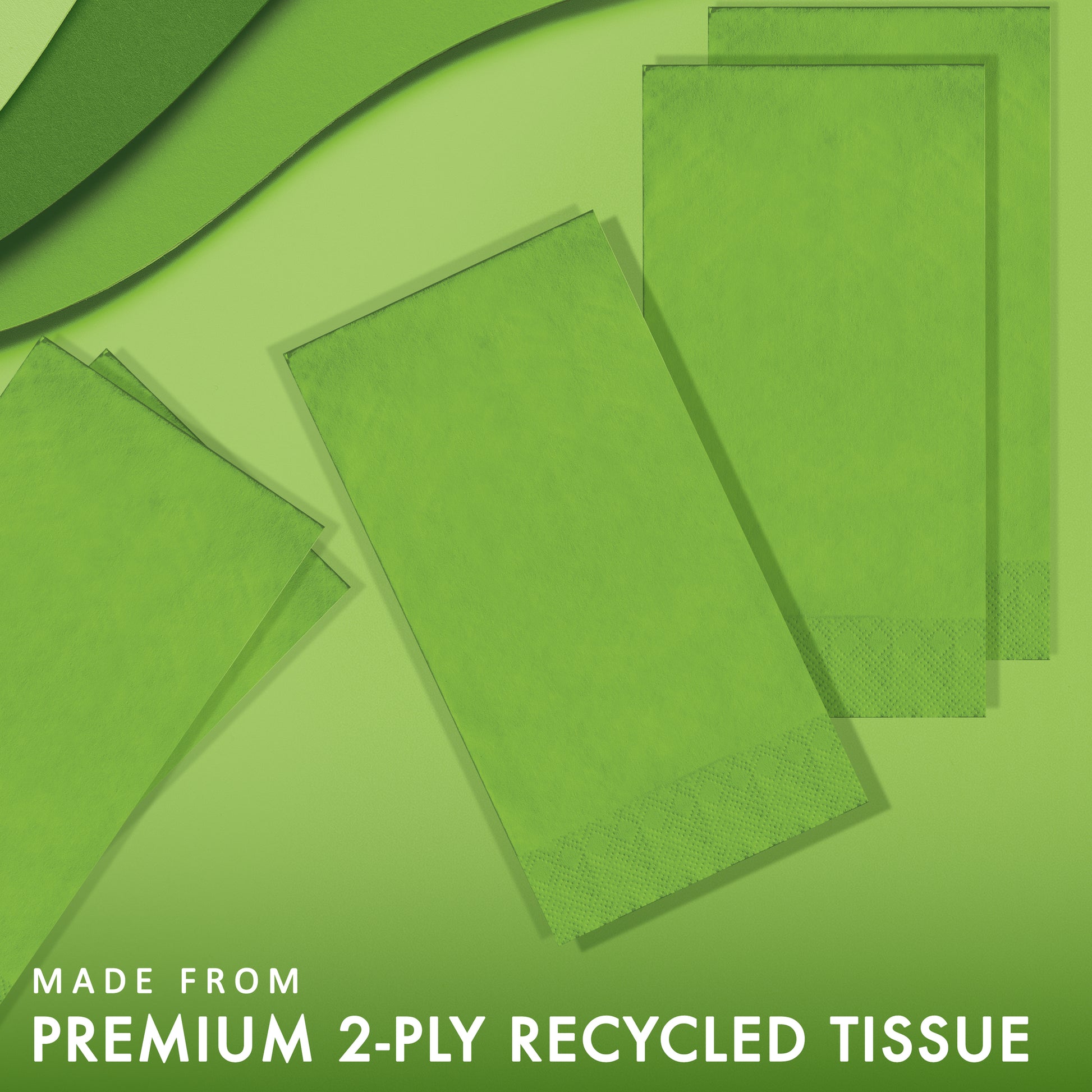 Green napkins made from premium 2-ply recycled tissue on a green background