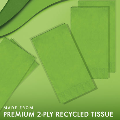 Green napkins made from premium 2-ply recycled tissue on a green background