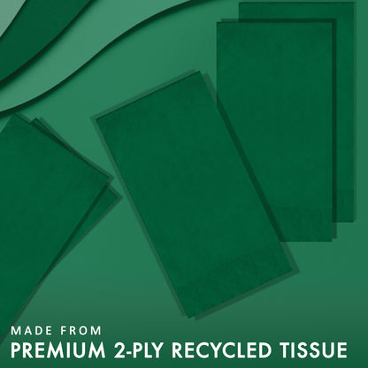 Green napkins on a green background with text 'Made from Premium 2-Ply Recycled Tissue'.
