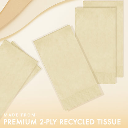 Ivory 2-ply dinner napkins on a light ivory background with text 'Made from Premium 2-ply Recycled Tissue'.