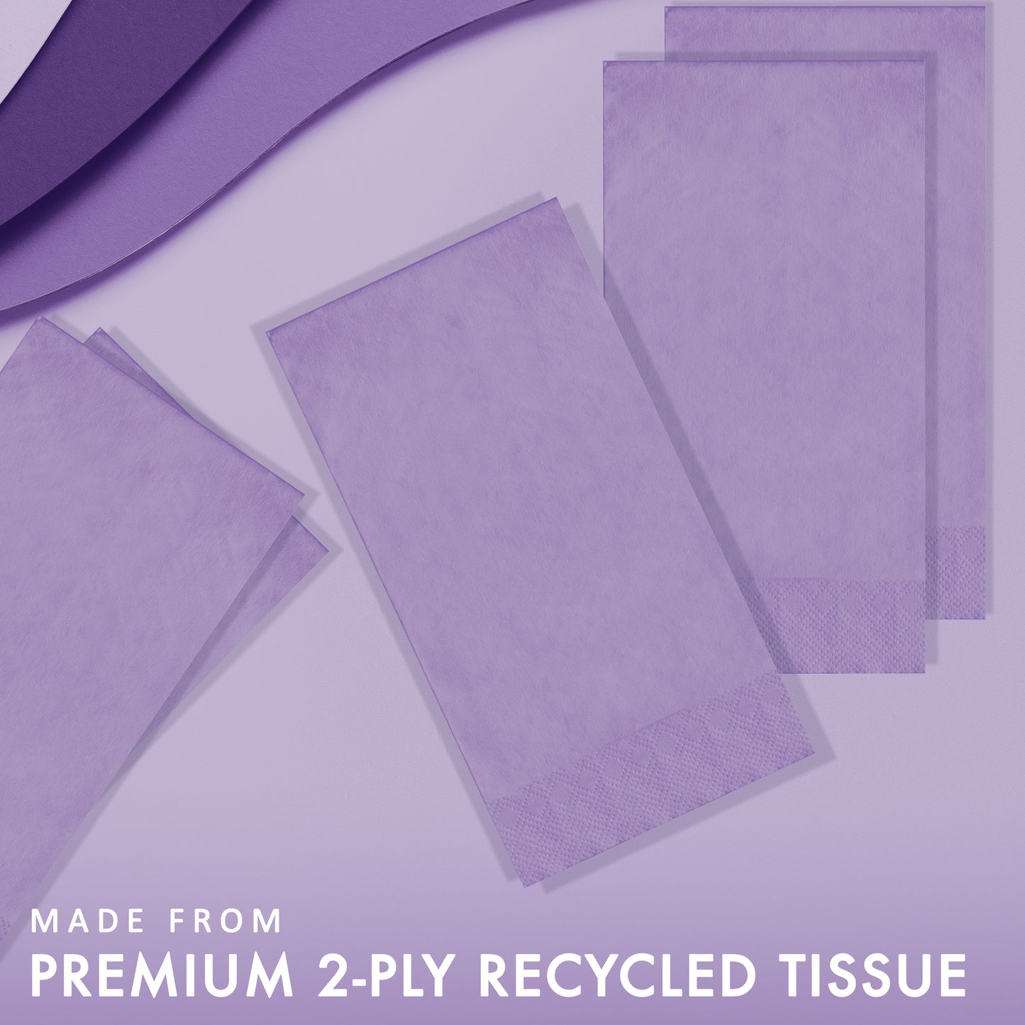 Purple tissue paper napkins with text indicating premium 2-ply recycled quality on a purple background.
