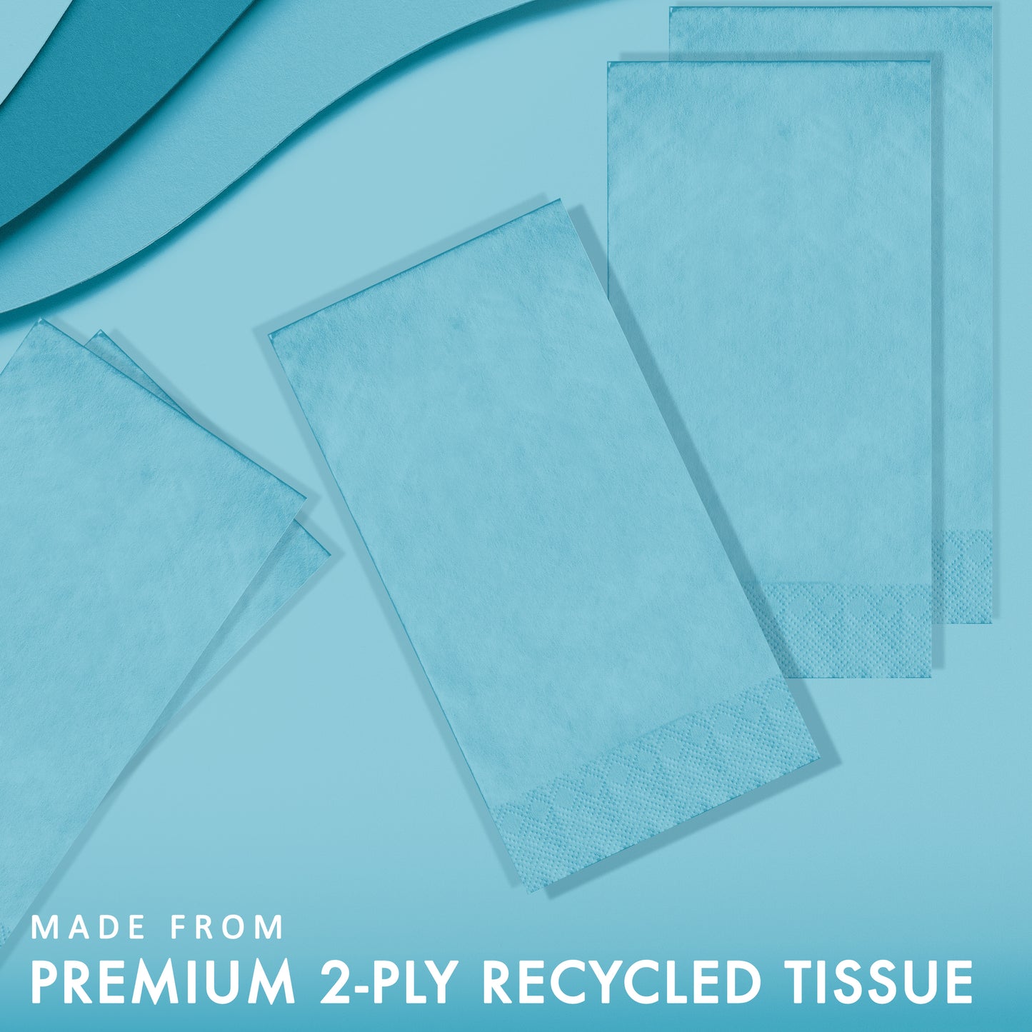 Blue tissue paper napkins with text 'Made from premium 2-ply recycled tissue' on a blue background