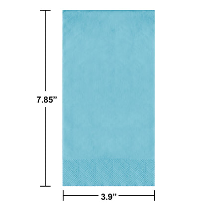 Blue paper guest towel with dimensions labeled on a white background