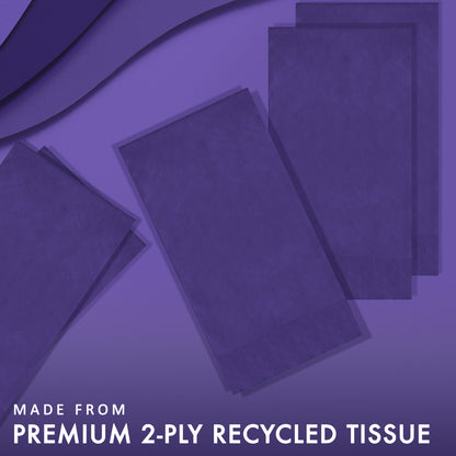Purple paper napkins with text indicating premium 2-ply recycled tissue on a purple background