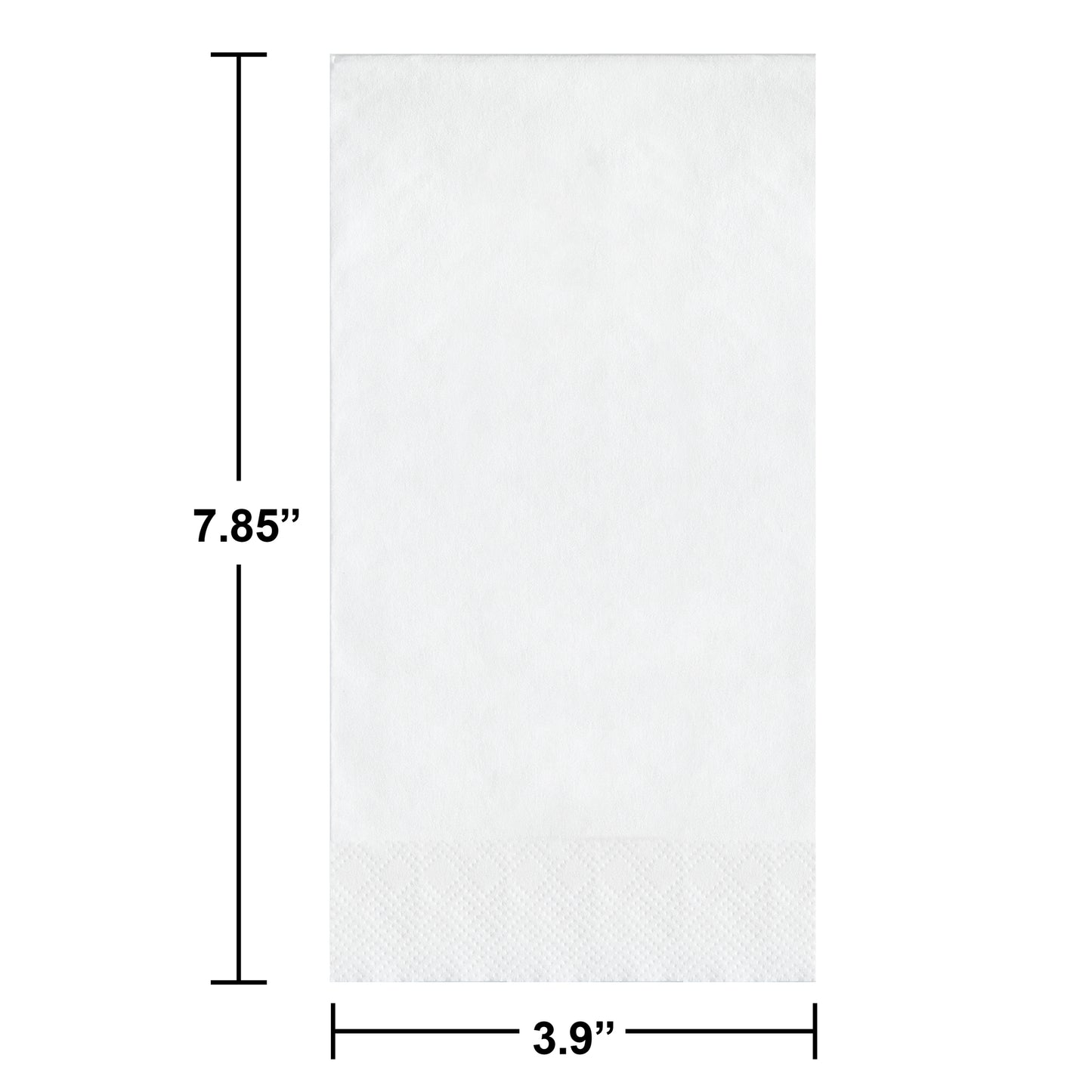 White paper napkins with pin emboss design with dimensions labeled as 7.85 inches by 3.9 inches.