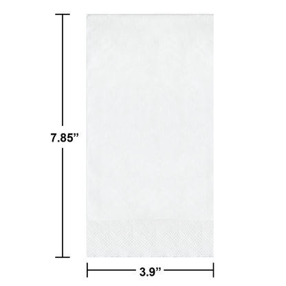 White paper napkins with pin emboss design with dimensions labeled as 7.85 inches by 3.9 inches.