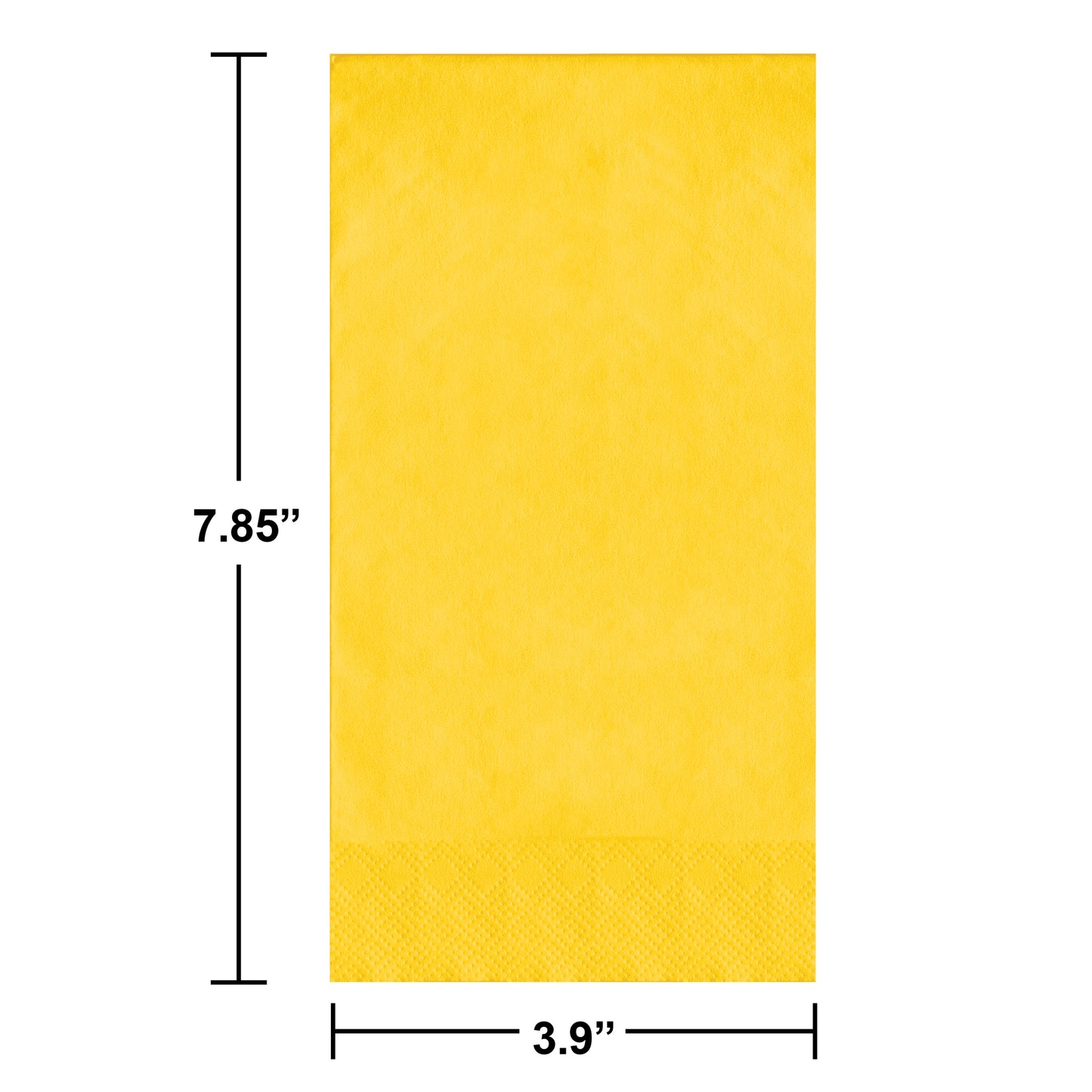 Yellow guest towels with dimensions labeled on a white background