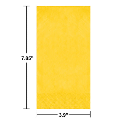 Yellow guest towels with dimensions labeled on a white background