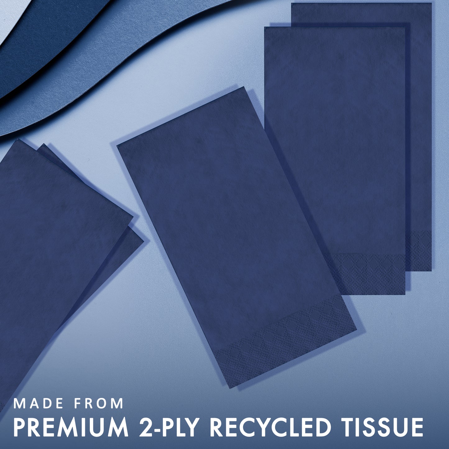 Blue paper napkins on a blue background with text about premium 2-ply recycled tissue.
