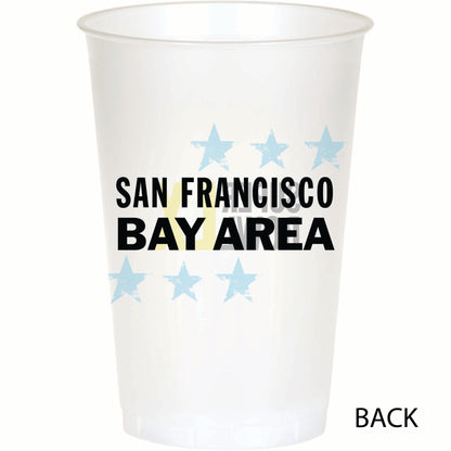 Plastic cup with 'San Francisco Bay Area' text and star designs on a white background