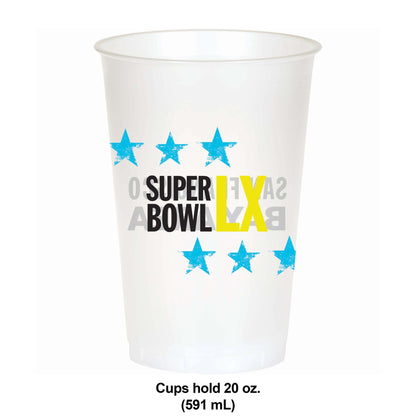 Plastic cup with Super Bowl LX branding on a white background. Dimensions shown.
