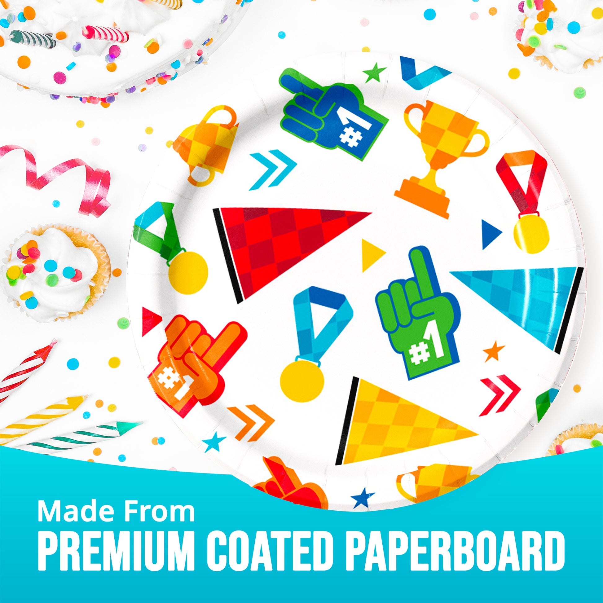 Colorful party-themed icons on a white background with text 'Made From Premium Coated Paperboard'.