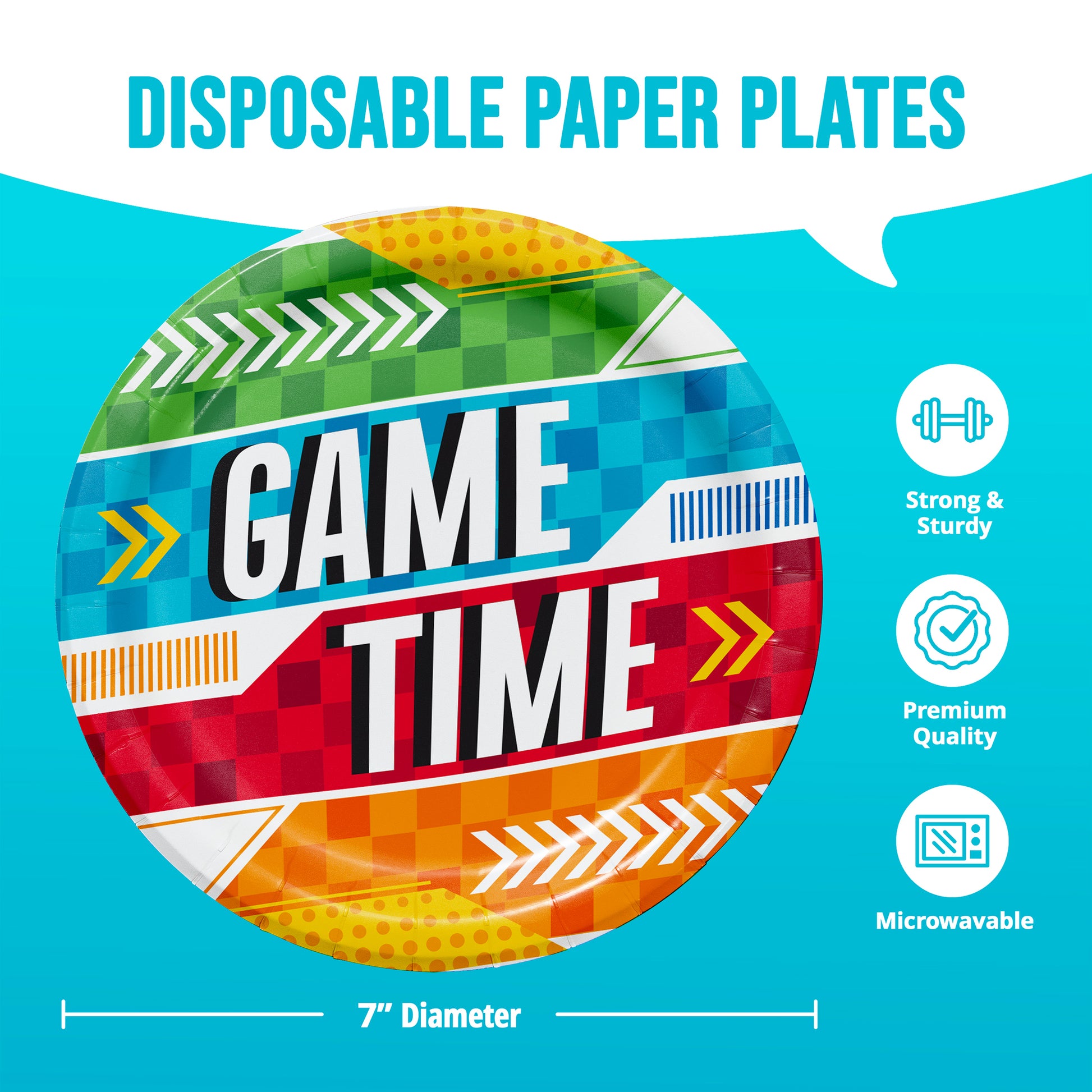 Disposable paper plate with 'Game Time' design on a blue background with dimensions shown.