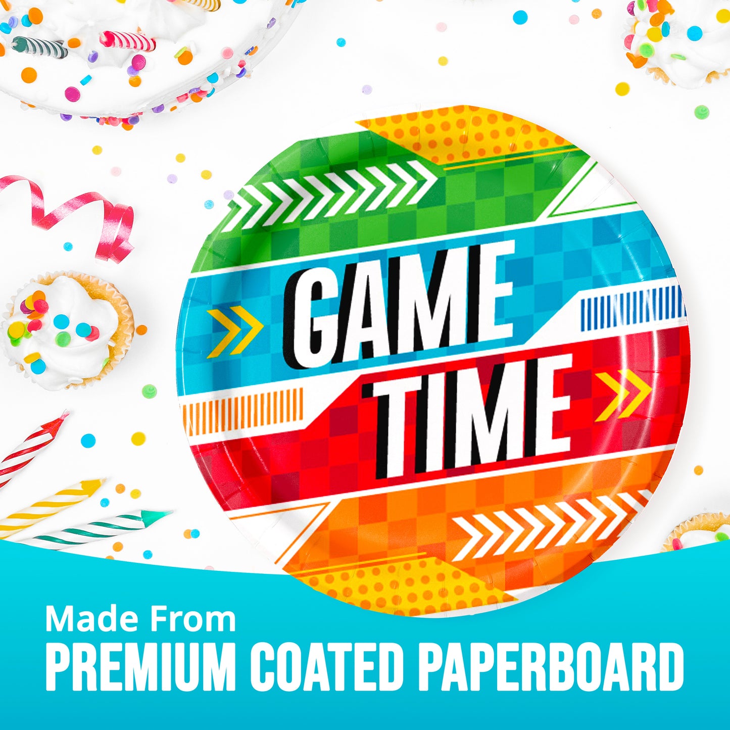 Colorful 'Game Time' paper plate with confetti and party decorations on a white background