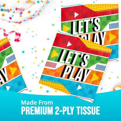 Colorful tissue paper napkin with 'Let's Play' text and premium 2-ply label.