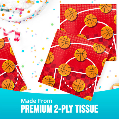 Basketball-themed tissue paper napkin with colorful confetti and ribbons on a white background.