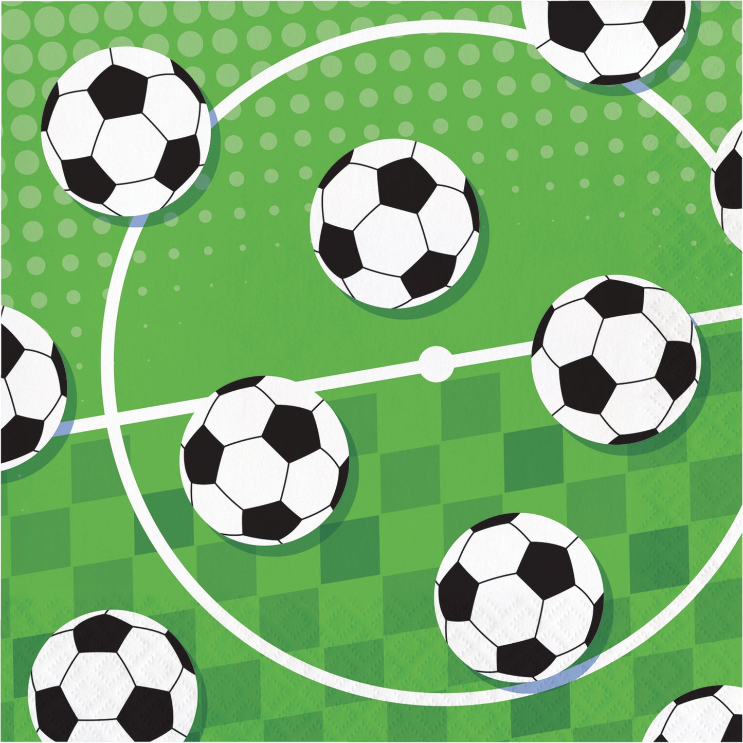 Napkin with pattern of soccer balls on a soccer field with a green background and white lines
