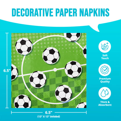 Decorative paper napkins with soccer ball design on a green field, featuring product details and specifications.