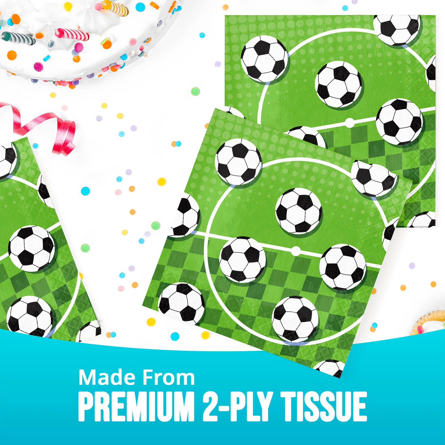 Soccer-themed tissue paper napkin with green field and black and white soccer balls. Shown on a white table with colorful confetti.